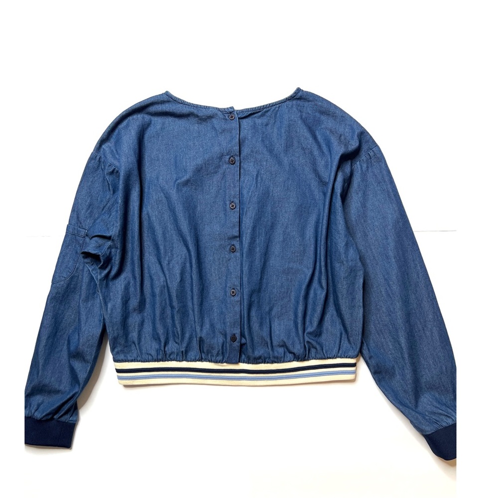 ZARA Trafaluc denimwear Denim Long Sleeve Back Buttons Cropped Top Sz M - Picture 3 of 12